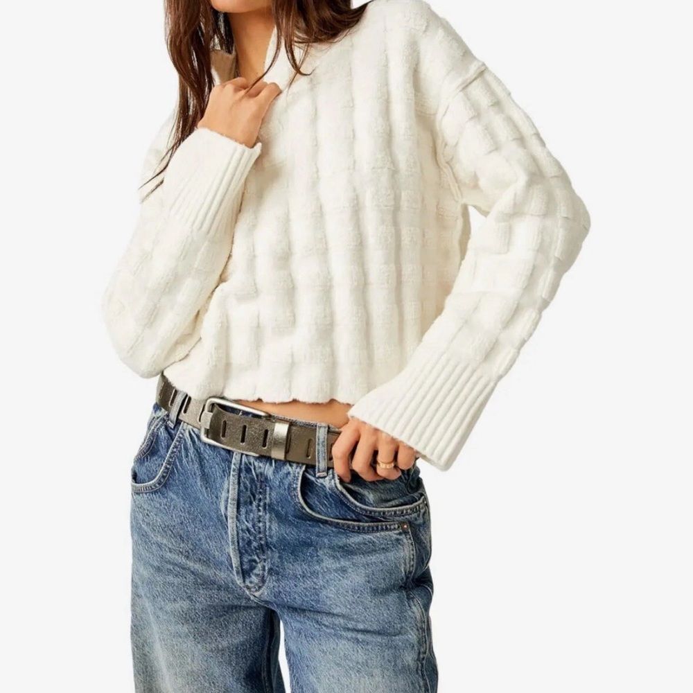 Free People Soul Searcher Cream Cropped Mock Neck Sweater Women Size Small